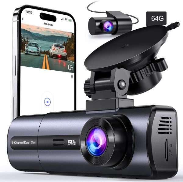 3 Channel 4K WiFi Dash Cam, 4K/2.5K+1080P+1080P Front Inside and Rear, Triple Dash Camera with 64GB Card, APP Control, G-Sensor, 24 Hours Parking Mode, Loop Recording, Night Vision