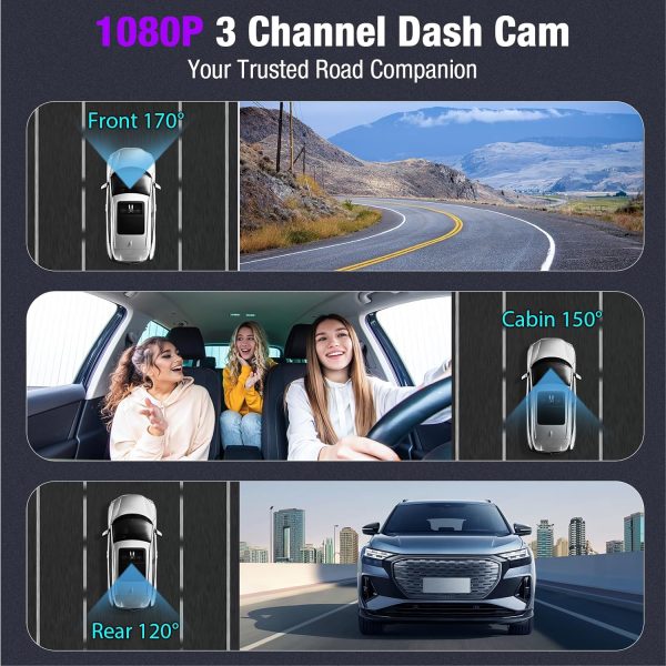 3 Channel 4K WiFi Dash Cam, 4K/2.5K+1080P+1080P Front Inside and Rear, Triple Dash Camera with 64GB Card, APP Control, G-Sensor, 24 Hours Parking Mode, Loop Recording, Night Vision - Image 2