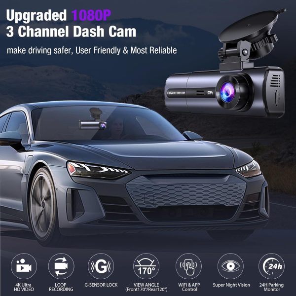 3 Channel 4K WiFi Dash Cam, 4K/2.5K+1080P+1080P Front Inside and Rear, Triple Dash Camera with 64GB Card, APP Control, G-Sensor, 24 Hours Parking Mode, Loop Recording, Night Vision - Image 3