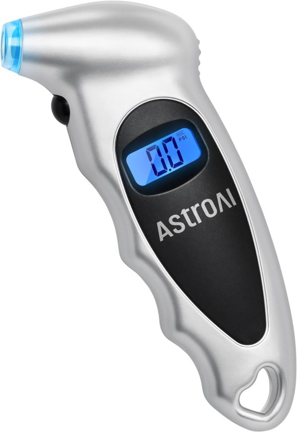 AstroAI Tire Pressure Gauge Digital 0-150PSI (Accurate in 0.1 Increments), 4 Settings Stocking Stuffers for Car Truck Bicycle with Backlight LCD and Presta Valve Adaptor, Sliver