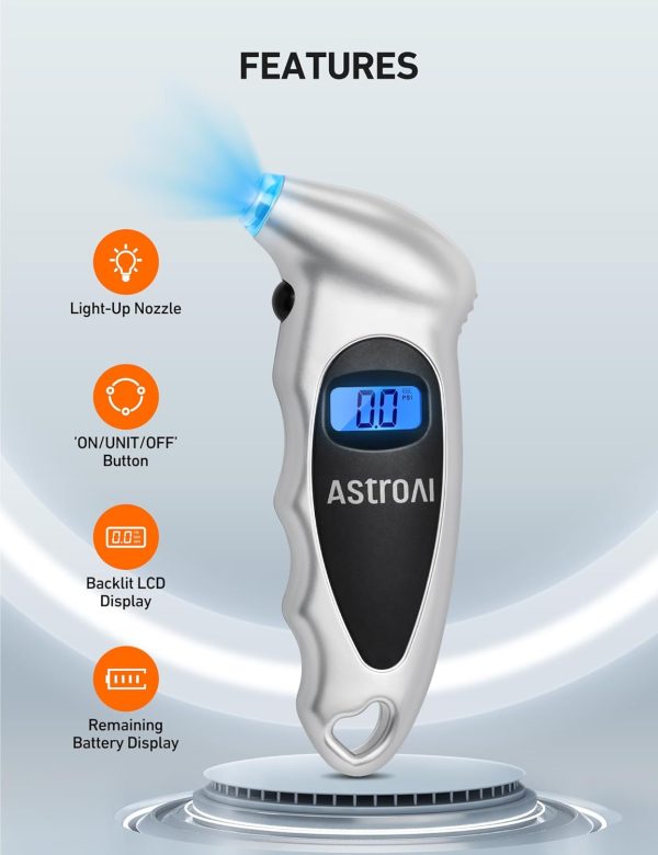 AstroAI Tire Pressure Gauge Digital 0-150PSI (Accurate in 0.1 Increments), 4 Settings Stocking Stuffers for Car Truck Bicycle with Backlight LCD and Presta Valve Adaptor, Sliver - Image 4