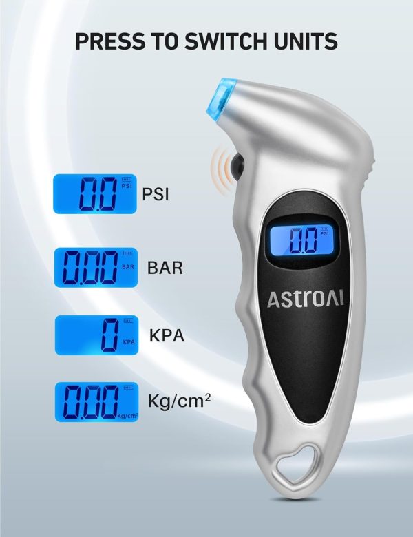 AstroAI Tire Pressure Gauge Digital 0-150PSI (Accurate in 0.1 Increments), 4 Settings Stocking Stuffers for Car Truck Bicycle with Backlight LCD and Presta Valve Adaptor, Sliver - Image 5