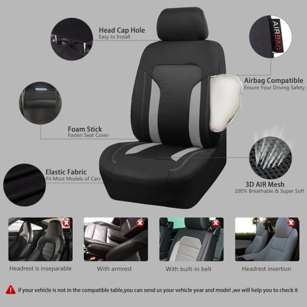 CAR PASS 3D Air Mesh Car Seat Covers Full Set, Breathable Sporty Rear Bench with Zipper for Armrest Box Universal Fit 95% Automotive SUV,Truck,Sedan Interior Cute Women Airbag Compatible, Black Gray - Image 3