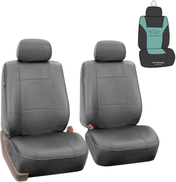 FH Group Classic PU Leather Pair Set Car Seat Covers, Airbag Compatible with Gift - Universal Fit for Cars Trucks & SUVs (Solid Gray) PU002102