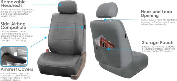 FH Group Classic PU Leather Pair Set Car Seat Covers, Airbag Compatible with Gift - Universal Fit for Cars Trucks & SUVs (Solid Gray) PU002102 - Image 3