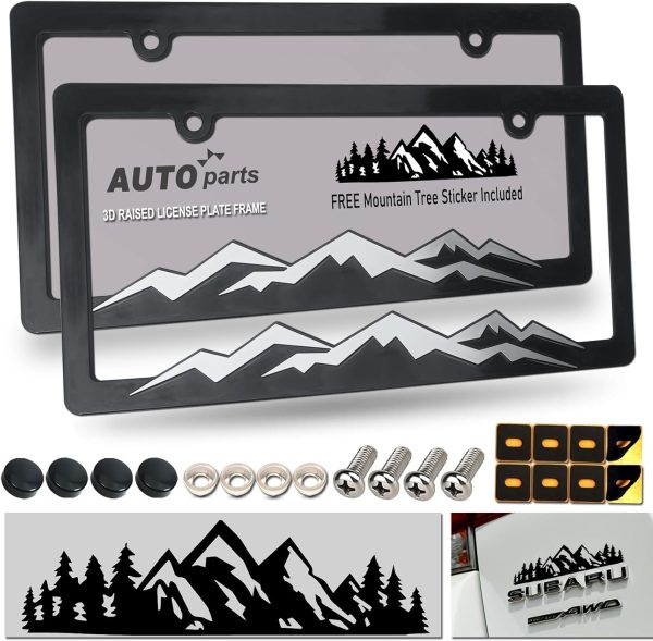 Mountain License Plate Frames- Plastic Black Car Tag Holder Bracket with Screws Caps, 2 Packs 2 Hole, Silver on Black, Mountain Vinyl Sticker Included