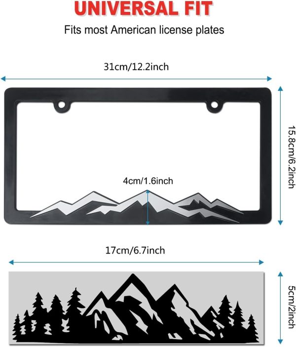 Mountain License Plate Frames- Plastic Black Car Tag Holder Bracket with Screws Caps, 2 Packs 2 Hole, Silver on Black, Mountain Vinyl Sticker Included - Image 2