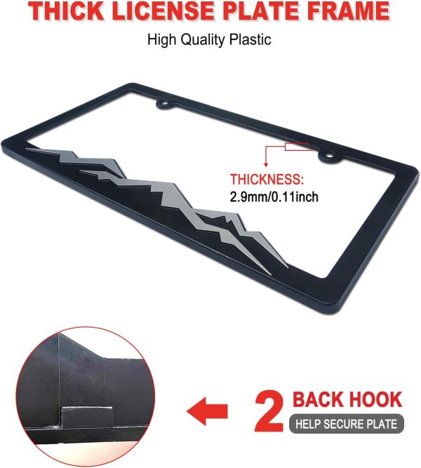 Mountain License Plate Frames- Plastic Black Car Tag Holder Bracket with Screws Caps, 2 Packs 2 Hole, Silver on Black, Mountain Vinyl Sticker Included - Image 3