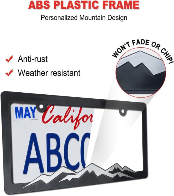 Mountain License Plate Frames- Plastic Black Car Tag Holder Bracket with Screws Caps, 2 Packs 2 Hole, Silver on Black, Mountain Vinyl Sticker Included - Image 4