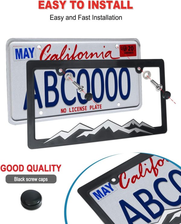 Mountain License Plate Frames- Plastic Black Car Tag Holder Bracket with Screws Caps, 2 Packs 2 Hole, Silver on Black, Mountain Vinyl Sticker Included - Image 5