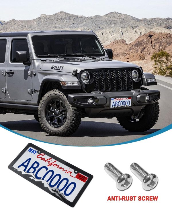 Mountain License Plate Frames- Plastic Black Car Tag Holder Bracket with Screws Caps, 2 Packs 2 Hole, Silver on Black, Mountain Vinyl Sticker Included - Image 6