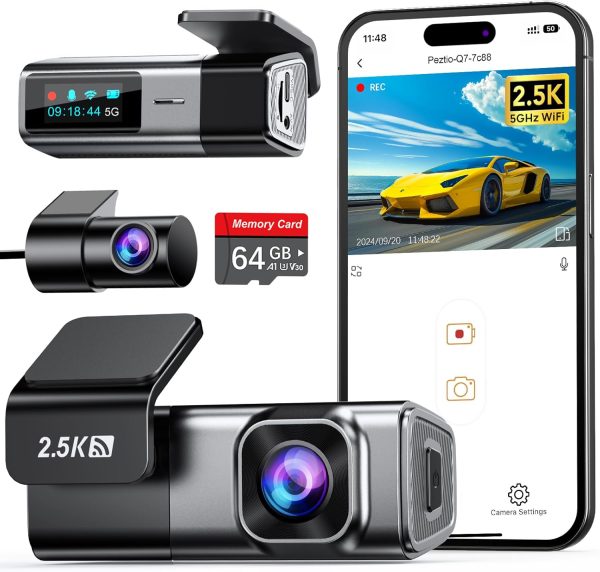 Navycrest 5G WiFi Dash Cam Front and Rear with 64GB Card, Dash Camera for Cars 2.5K/1440p Front and 1080P Rear, Dashcams for Cars Loop Recording, Gravity Sensor, 24Hours Parking Mode, Silver