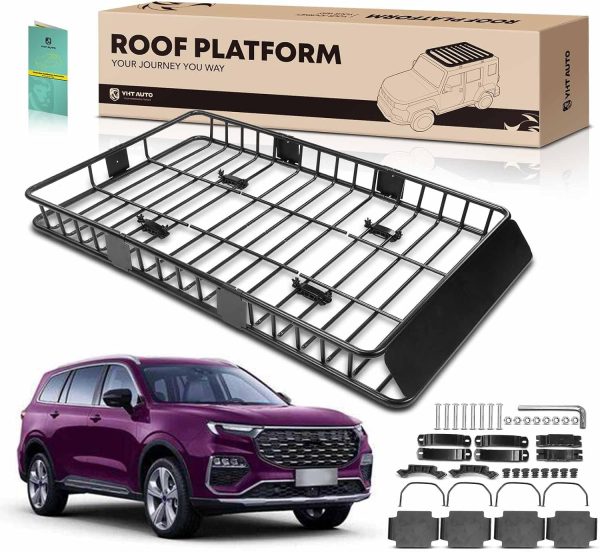 YHTAUTO 64" x 39" x 4'' Universal Roof Rack Cargo Carrier Fit Car SUV, Steel Roof Rack Basket Anti-Rust Top Luggage Storage Holder Basket for Skiboard Kayak Bike Snowboard Rooftop Cargo Luggage