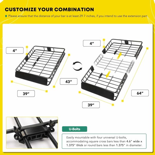 YHTAUTO 64" x 39" x 4'' Universal Roof Rack Cargo Carrier Fit Car SUV, Steel Roof Rack Basket Anti-Rust Top Luggage Storage Holder Basket for Skiboard Kayak Bike Snowboard Rooftop Cargo Luggage - Image 4